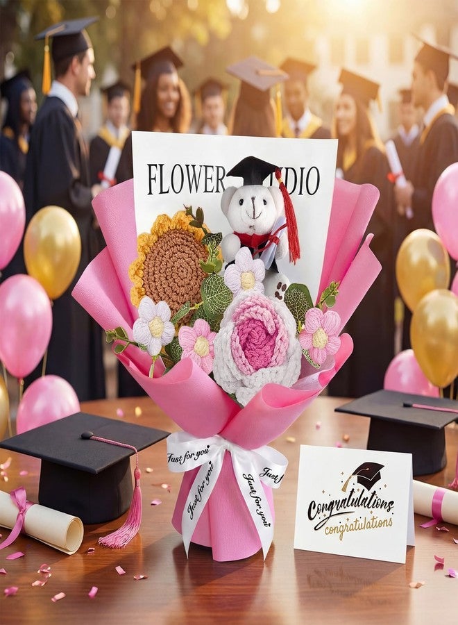 Giegxin 2026 Graduation Bear Crochet Flower Bouquet Set Includes Knitted Flower Bouquet Greeting Card Gift Bag for Graduation Flowers Party Supplies(Pink) - Image 4