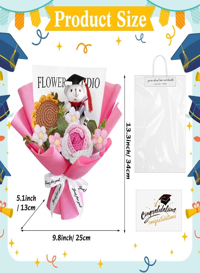 Giegxin 2026 Graduation Bear Crochet Flower Bouquet Set Includes Knitted Flower Bouquet Greeting Card Gift Bag for Graduation Flowers Party Supplies(Pink) - Image 5