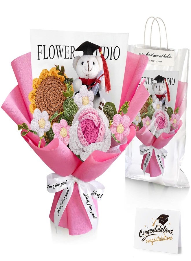 Giegxin 2026 Graduation Bear Crochet Flower Bouquet Set Includes Knitted Flower Bouquet Greeting Card Gift Bag for Graduation Flowers Party Supplies(Pink) - Image 1