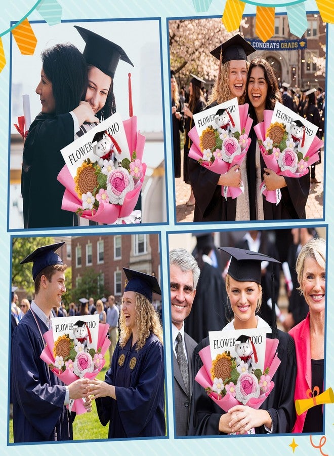 Giegxin 2026 Graduation Bear Crochet Flower Bouquet Set Includes Knitted Flower Bouquet Greeting Card Gift Bag for Graduation Flowers Party Supplies(Pink) - Image 3