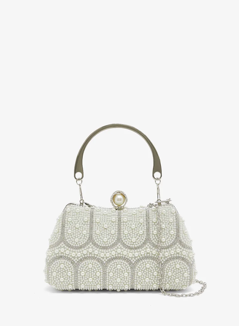 Pearl Embellished Detailed Silver Handle Bag