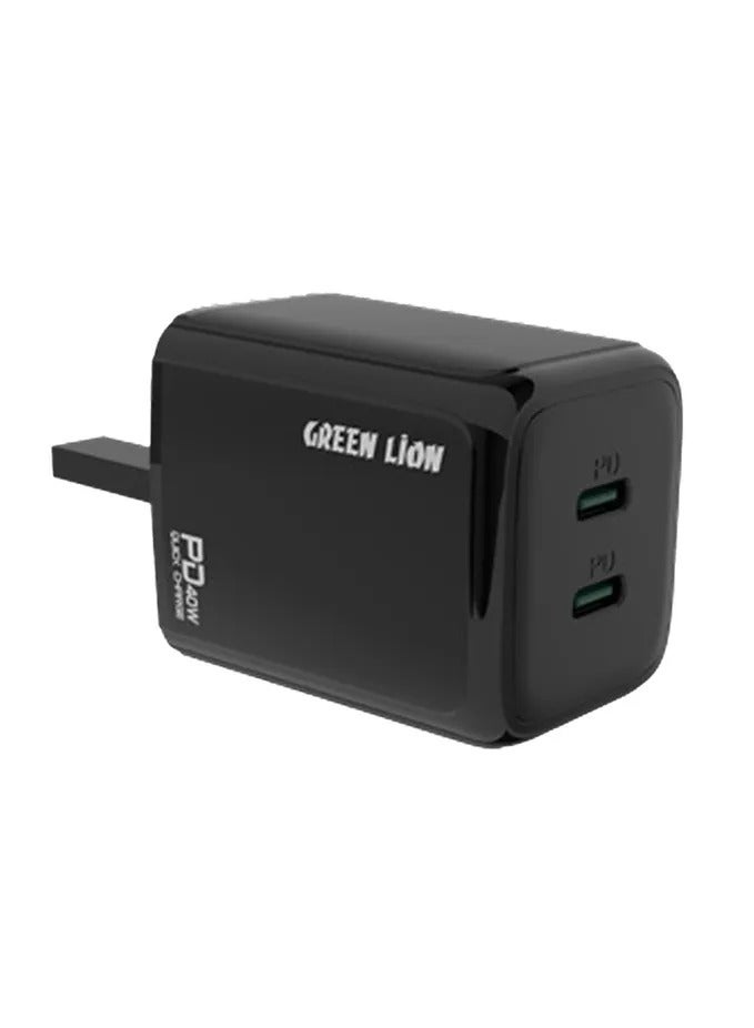 GREEN LION 40W Dual PD Wall Charger UK Plug / Fast Charge / Compact & Portable Wall Charger/ Dual Type - C Ports / Safe and Reliable Charger - Black - Image 1