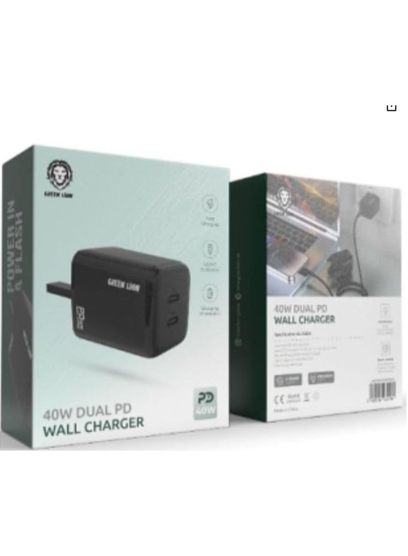 GREEN LION 40W Dual PD Wall Charger UK Plug / Fast Charge / Compact & Portable Wall Charger/ Dual Type - C Ports / Safe and Reliable Charger - Black - Image 2
