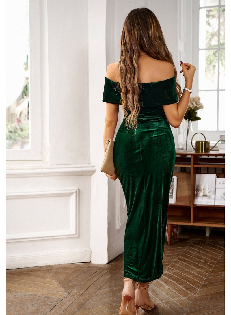 Loquat Square Velvet Dress Autumn-winter Elegant One-shoulder Maxi Dress Green - Image 2