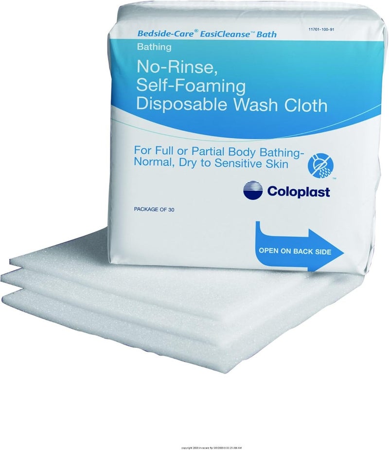 Coloplast Bedside-Care EasiCleanse Bath - No-Rinse Self-Foaming Disposable Wash Cloths, 30 Count