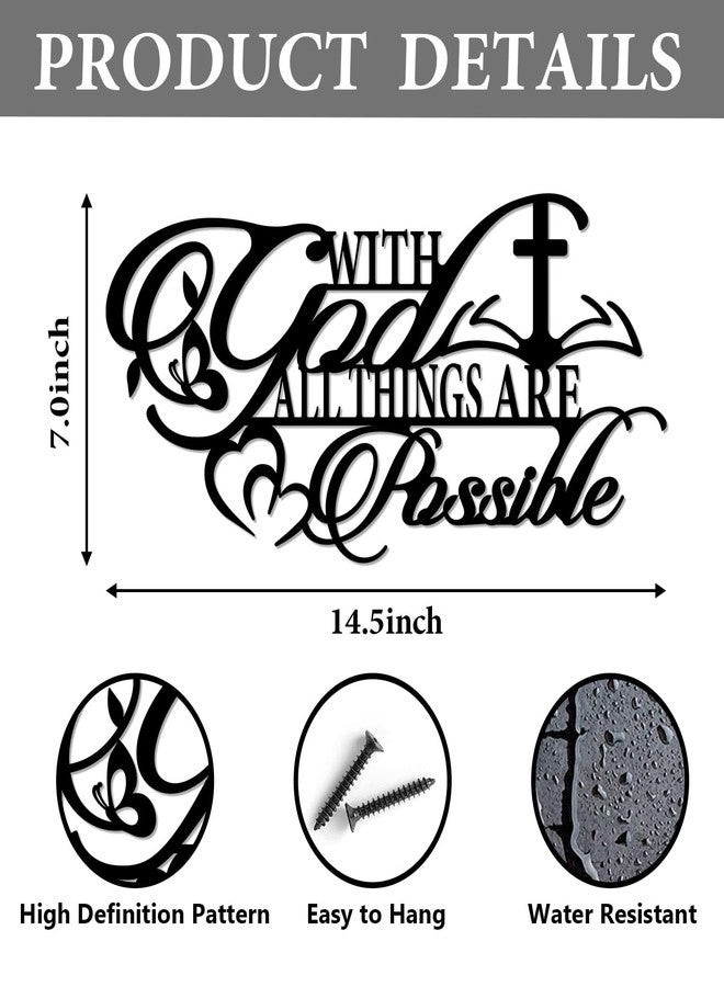 Pigort Metal Christian Wall Art -With God All Things Are Possible Sign Metal Wall Decor - Inch Religious Scripture Black Christian Bible Verses Wall Hanging Decoration 7"X14.5" - Image 2