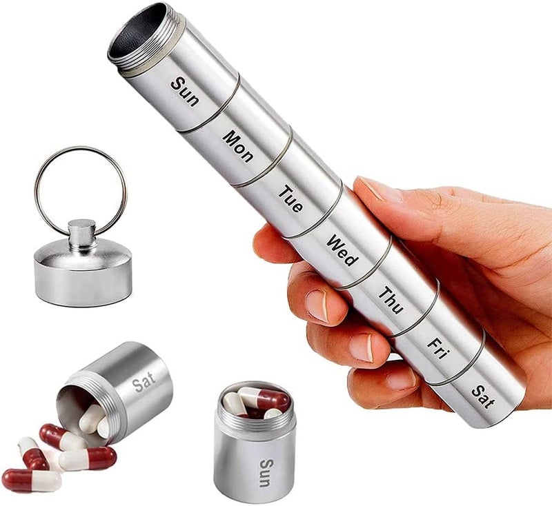 Rabbonix Portable Aluminum Alloy Medicine Organizer Box Tablets Container Case Keychain Stackable & Waterproof Travel Pill Box | Silver | 01 Pcs - Image 1