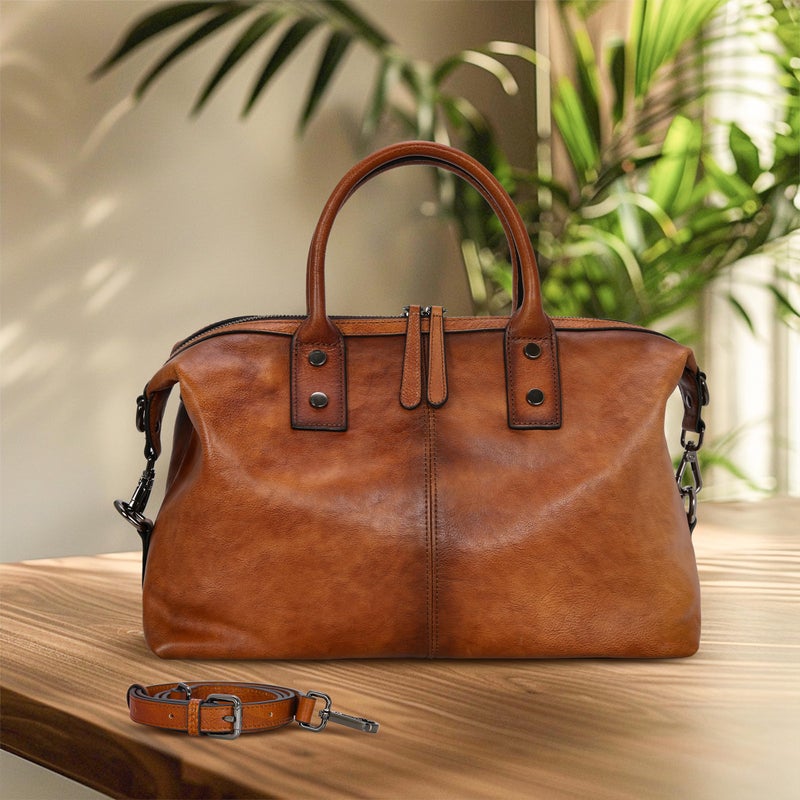Iswee Genuine Leather Satchel Tote Bag Top Handle Handbag Designer Shoulder Bag Large Capacity Cross Body Bag (Light Brown) - Image 3