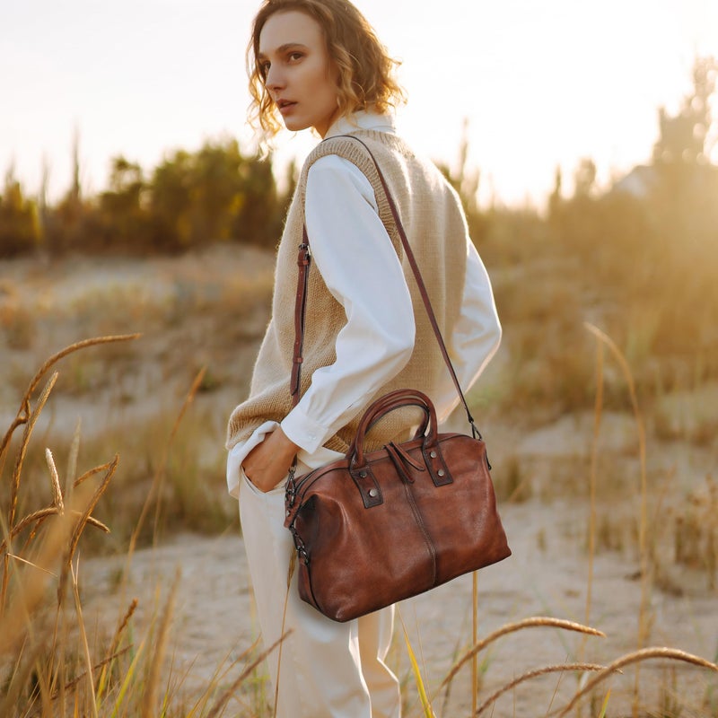 Iswee Genuine Leather Satchel Tote Bag Top Handle Handbag Designer Shoulder Bag Large Capacity Cross Body Bag (Light Brown) - Image 2