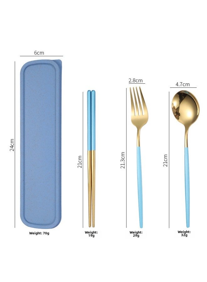 Portable Stainless Steel Titanium Coated Painted Outdoor Dining Set Mirror Polished Utensils Including Spoon Fork Chopsticks-Specifications:Blue Gold 3 Piece Set  - Image 1