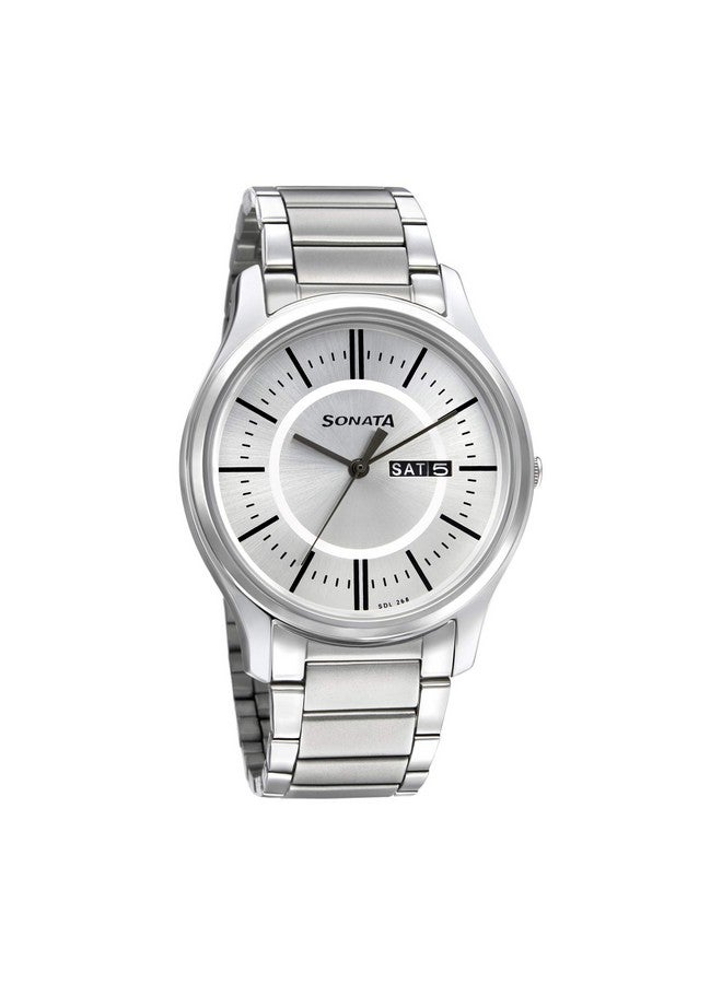 سوناتا ساعة سوناتا كوارتز أنالوج مع التاريخ واليوم بمينا فضية وسوار من الفولاذ المقاوم للصدأ للرجال - NS77082SM02W - Image 1