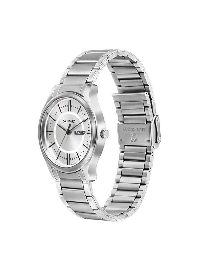 سوناتا ساعة سوناتا كوارتز أنالوج مع التاريخ واليوم بمينا فضية وسوار من الفولاذ المقاوم للصدأ للرجال - NS77082SM02W - Image 2