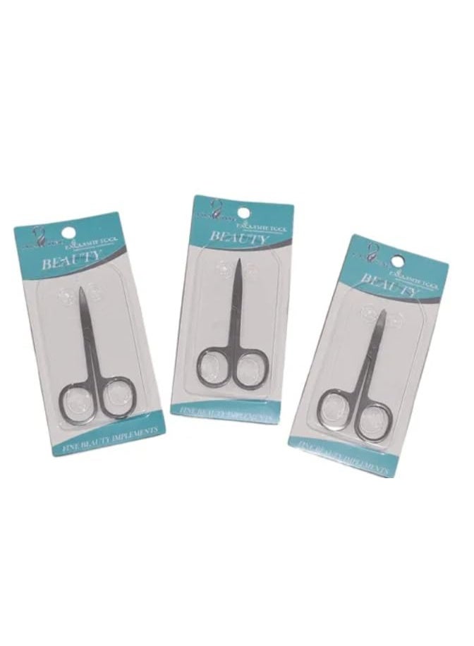 طقم مقصات العناية الشخصية (عرض 3 قطع) - مقص احترافي لقص الزوائد اللحمية، الحواجب، وشعر الوجه والأنف - ستانلس ستيل عالي الجودة - لون فضي. - Image 3