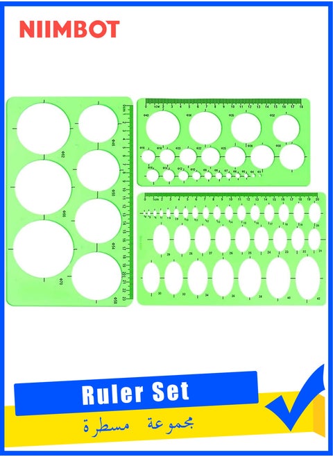 3 Pieces Circle and Oval Stationery Template, Clear Green Plastic Measuring Template Ruler, Geometric Ruler Template Digital Drawing for Office and School, Drawing Templates (3 Styles)