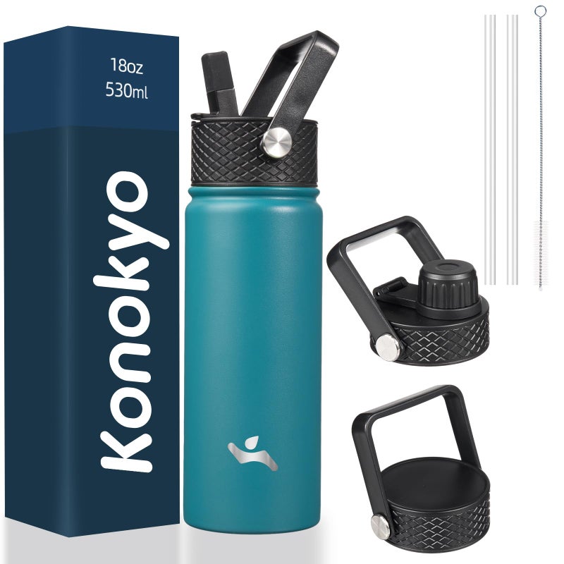 Konokyo 18 oz Insulated Water Bottle Stainless Steel Sport Bottles with 3 LidsLight Blue