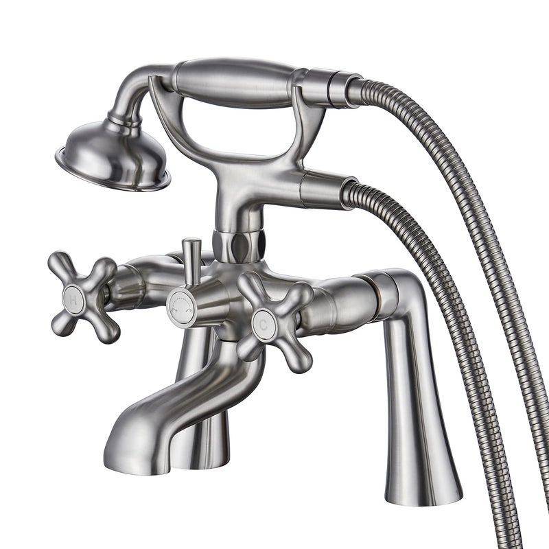Deck Mount Clawfoot Tub Faucet Kit 2 Hole High Flow Deck Mount Tub Faucet with Sprayer 685 Center Brushed Nickel Vintage Bathtub Faucets for Clawfoot Tub with Valve and Diverter with Handheld Shower