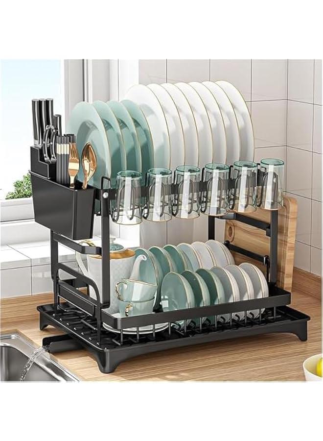 Dish Drying Rack 2 Tier Dish Rack drying rack kitchen Large Double Stainless Steel Dish Rack Foldable Rustproof Dish Rack Dish Drainer (Black)