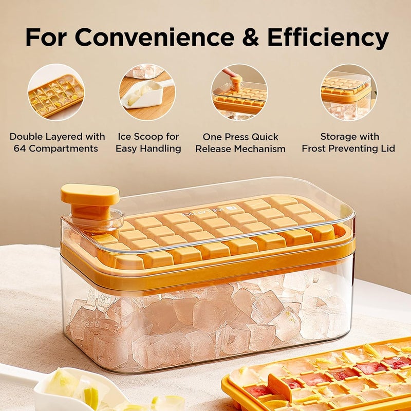 UMAI 2 Layer Ice Cube Trays with Storage Box & Ice Scoop | 64 Compartments | One Press Demolding | Ice Cubes for Whiskey Cocktails Mocktails Soft Drinks | BPA Free | Orange - Image 3