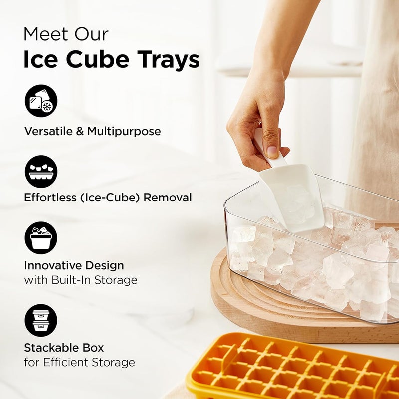 UMAI 2 Layer Ice Cube Trays with Storage Box & Ice Scoop | 64 Compartments | One Press Demolding | Ice Cubes for Whiskey Cocktails Mocktails Soft Drinks | BPA Free | Orange - Image 2