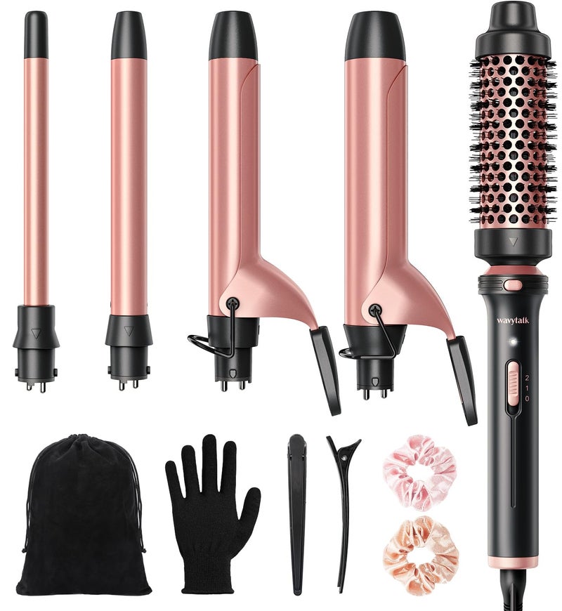 Wavytalk 5 in 1 Curling IronCurling Iron Set with Heated Round Brush and 4 Interchangeable Ceramic Curling Wand05125 Instant Heat UpDual Voltage Hair Curler
