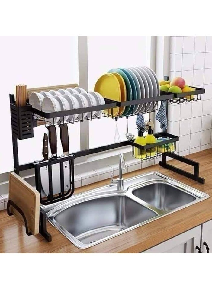 Dish drying rack, 85 cm wide, above-layer stainless steel dish rack, large dish rack for drying dishes and kitchen organizer, space saving, black