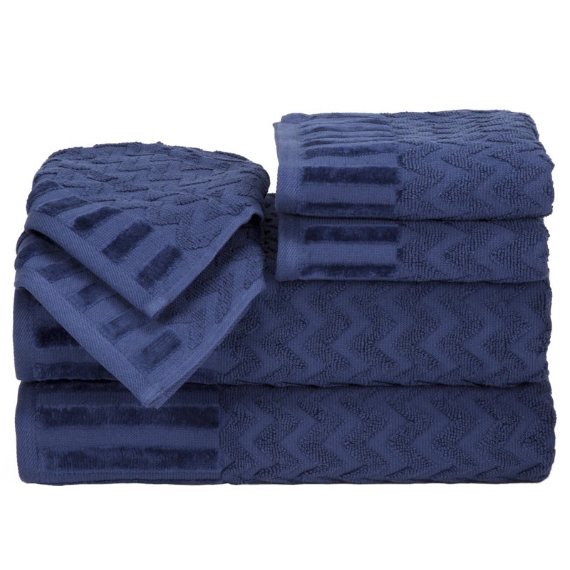 Lavish Home 6-Piece Cotton Deluxe Plush Bath Towel Set â€“ Chevron Pattern Plush Sculpted Spa Luxury Decorative Body, Hand and Face Towels (Navy), 27'x54"x0.25" - Image 1