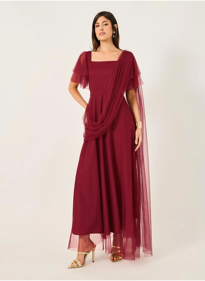 ستايلي Mesh Insert Square Neck Maxi Dress with Draped Detail