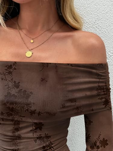 LILLUSORY Wedding Guest Off The Shoulder Holiday Dresses for Women 2026 Spring Fall Winter Bodycon Floral Long Sleeve Maxi Cocktail Going Out Party Formal Dresses Brown M - Image 5