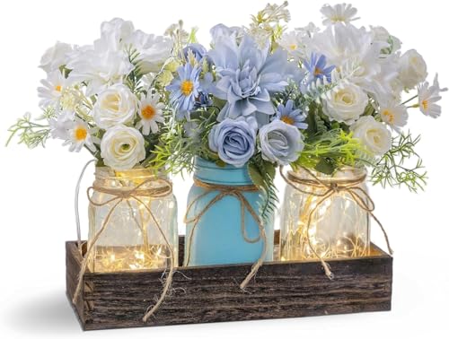 LUEUR 3PCS Artificial Flowers Blue Dahlia in Mason Jars with Wood Tray for Dining Table Coffee Table Farmhouse Home Decor Centerpieces Spring Decor Perfect for Kitchen, Living Room, Bathroom - Image 1