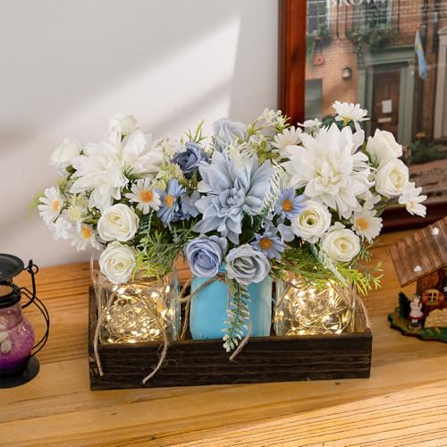 LUEUR 3PCS Artificial Flowers Blue Dahlia in Mason Jars with Wood Tray for Dining Table Coffee Table Farmhouse Home Decor Centerpieces Spring Decor Perfect for Kitchen, Living Room, Bathroom - Image 2