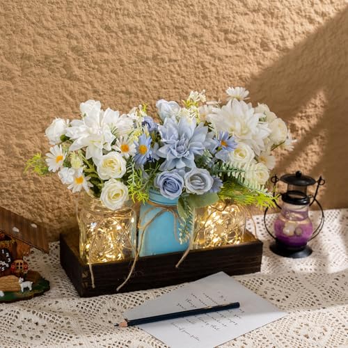 LUEUR 3PCS Artificial Flowers Blue Dahlia in Mason Jars with Wood Tray for Dining Table Coffee Table Farmhouse Home Decor Centerpieces Spring Decor Perfect for Kitchen, Living Room, Bathroom - Image 4