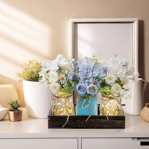LUEUR 3PCS Artificial Flowers Blue Dahlia in Mason Jars with Wood Tray for Dining Table Coffee Table Farmhouse Home Decor Centerpieces Spring Decor Perfect for Kitchen, Living Room, Bathroom - Image 3