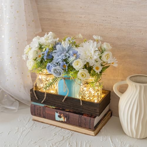 LUEUR 3PCS Artificial Flowers Blue Dahlia in Mason Jars with Wood Tray for Dining Table Coffee Table Farmhouse Home Decor Centerpieces Spring Decor Perfect for Kitchen, Living Room, Bathroom - Image 5