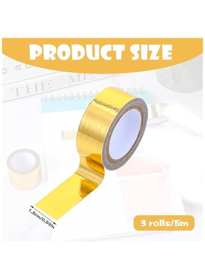3 Roll Gold Washi Tape, Self Adhesive Gold Foil Washi Tape Masking Tape Craft Metallic Washi Tape for Scrapbooking DIY Craft Shiny Decorative Wall Decor 0.59inch x 16.4FT