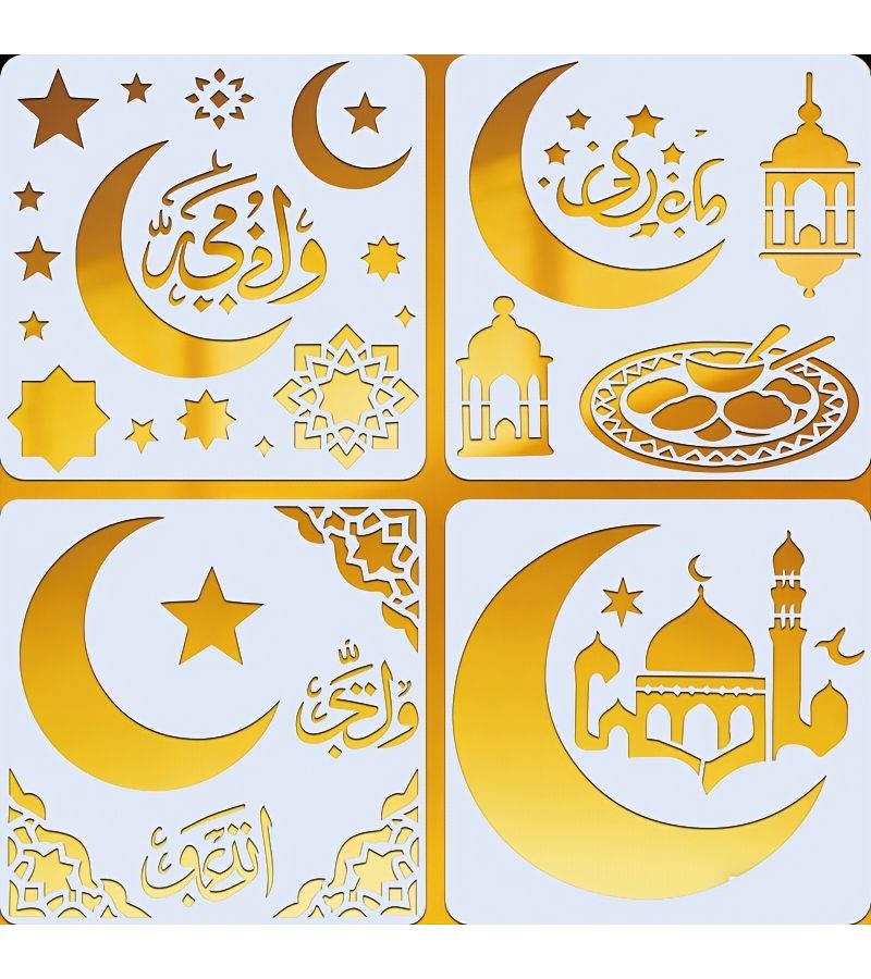 Ramadan Painting Stencil Set 4 Pieces 6 Inch Crescent Moon Star Decor Arabic Calligraphy Stencil Protector For Eid Greeting Card Making Muslim Festival Graffiti Art - Image 1