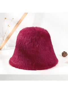 Womens White Rabbit Fur Bucket Hat Autumn Winter Warm Wine Red