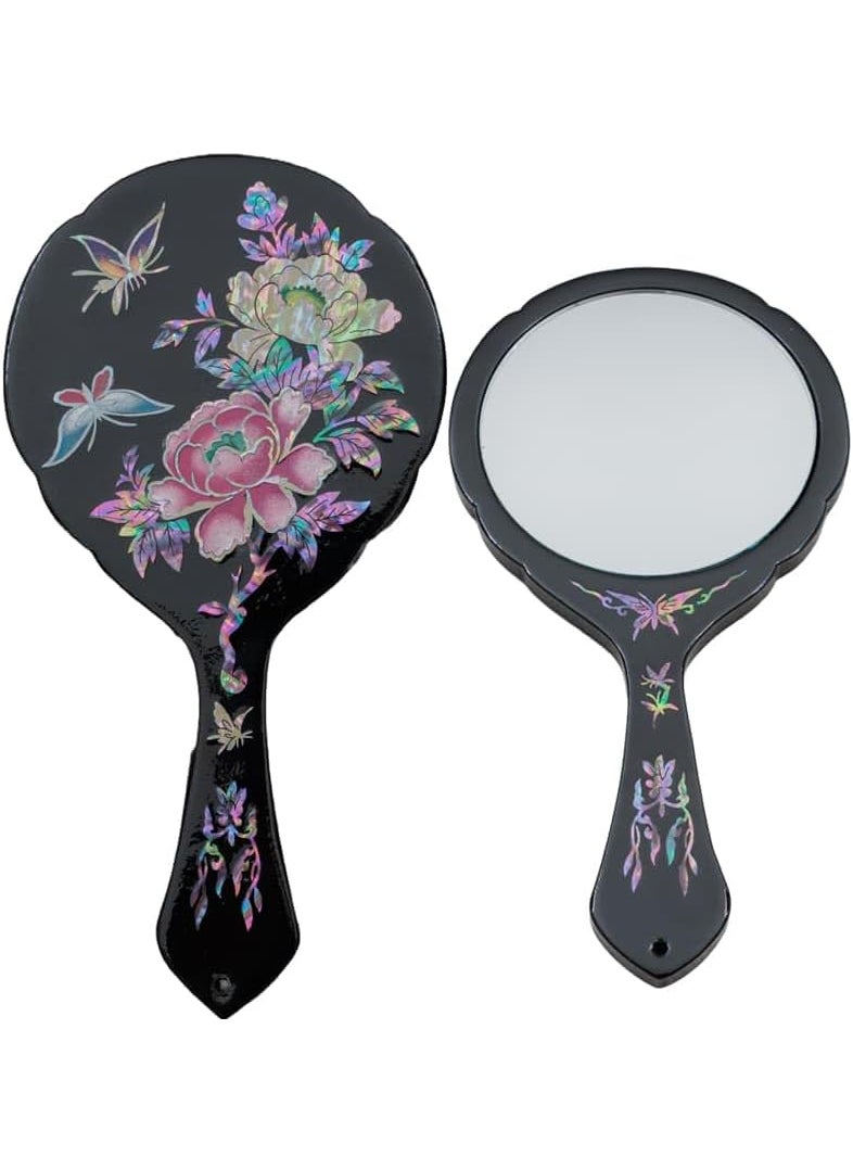 February Mountain February Mountain Handcrafted Korean Mother-of-Pearl Hand Mirror - Lacquered Flower and Butterfly Design, Elegant Makeup Vanity Mirror, Compact and Travel Size (Flower - Black) 