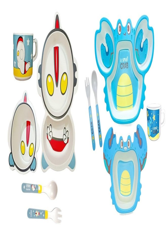 Deepashri™ Set of 2 Bamboo Fibre Dinner Set for Kids |Tableware Set Plate Bowl Cup Fork and Spoon | Feeding Utensils for Kids and Toddlers Eco-Friendly & Biodegradable| 5 Pieces Each (Alien+Crab Blue) - Image 1