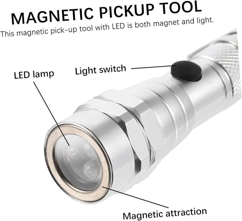 Jojofuny 2pcs Silver Telescopic Magnet Stick with LED Flashlight Flexible Magnetic Pickup Tool - Image 5