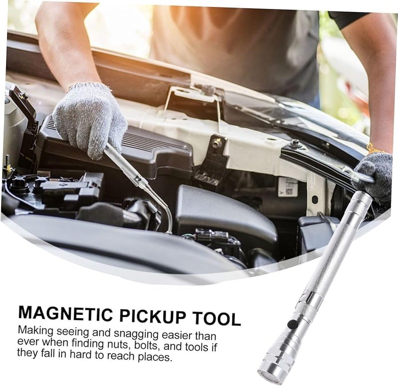 Jojofuny 2pcs Silver Telescopic Magnet Stick with LED Flashlight Flexible Magnetic Pickup Tool - Image 3