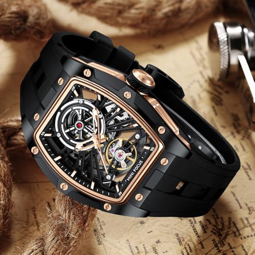 MF MINI FOCUS Unique Men Watches,Automatic Mechanical Watch,Luxury Hollow Tonneau Watches for Men with Stainless Steel Case and Silicon Band (Self-Wind Movement/5ATM Waterproof/Super_Luminous) - Image 2