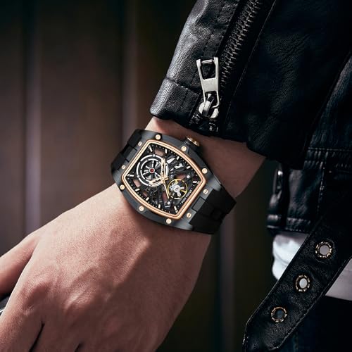 MF MINI FOCUS Unique Men Watches,Automatic Mechanical Watch,Luxury Hollow Tonneau Watches for Men with Stainless Steel Case and Silicon Band (Self-Wind Movement/5ATM Waterproof/Super_Luminous) - Image 3
