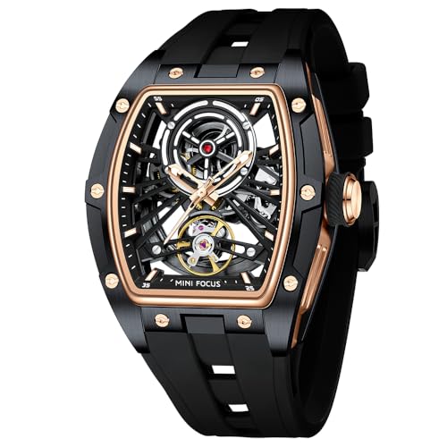 MF MINI FOCUS Unique Men Watches,Automatic Mechanical Watch,Luxury Hollow Tonneau Watches for Men with Stainless Steel Case and Silicon Band (Self-Wind Movement/5ATM Waterproof/Super_Luminous) - Image 1
