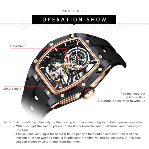 MF MINI FOCUS Unique Men Watches,Automatic Mechanical Watch,Luxury Hollow Tonneau Watches for Men with Stainless Steel Case and Silicon Band (Self-Wind Movement/5ATM Waterproof/Super_Luminous) - Image 5