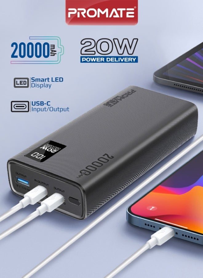 20000 mAh Universal Ultra-Slim Power Bank with 20W USB-C Input/Output Port, QC 3.0 Output, USB-C Ports, LCD Display and Over-Heating Protection for Smartphones and Tablets, Bolt-20PD Black