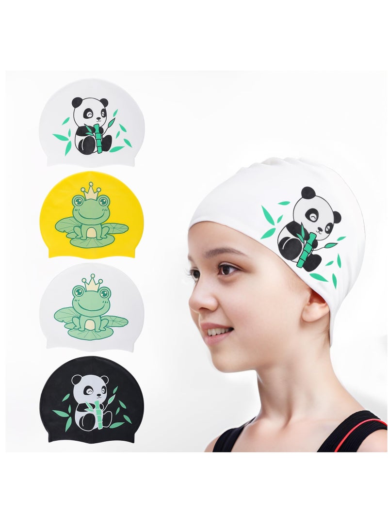 Excefore 4pcs Kids Swim Caps, Kids Swimming Cap Waterproof Silicone Swimming Caps for Long Hair Boys Girls Teens Elastic Swim Cap Bathing Caps - Image 1