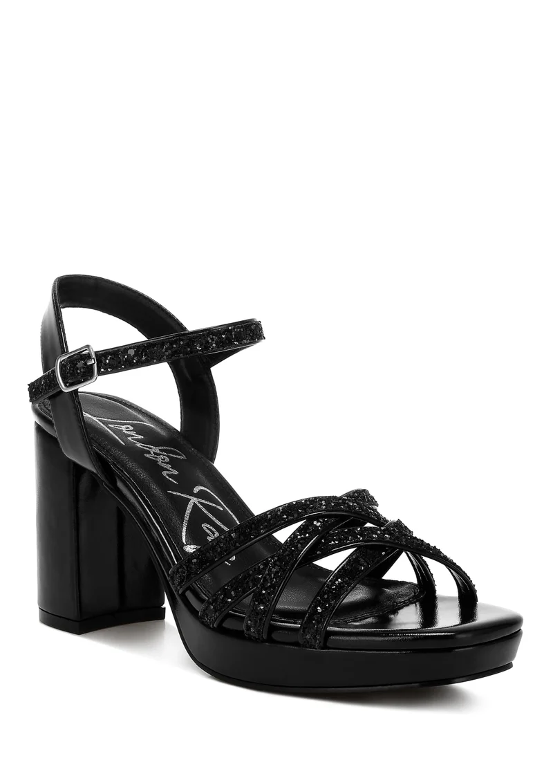 London Rag Black Glitter Strappy Block Sandals