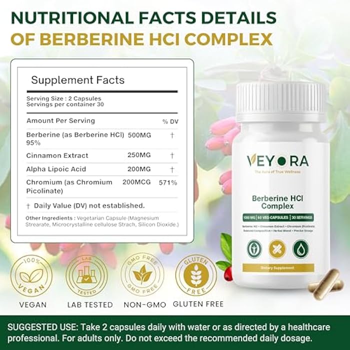 Berberine Supplement - Berberine HCL 1000 mg | 60 Vegan Capsules | Vegan, Gluten Free, Non-GMO with Cinnamon Extract & Chromium Picolinate, ALA - Image 2