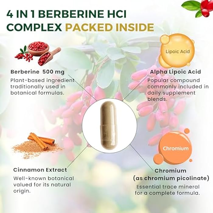 Berberine Supplement - Berberine HCL 1000 mg | 60 Vegan Capsules | Vegan, Gluten Free, Non-GMO with Cinnamon Extract & Chromium Picolinate, ALA - Image 4