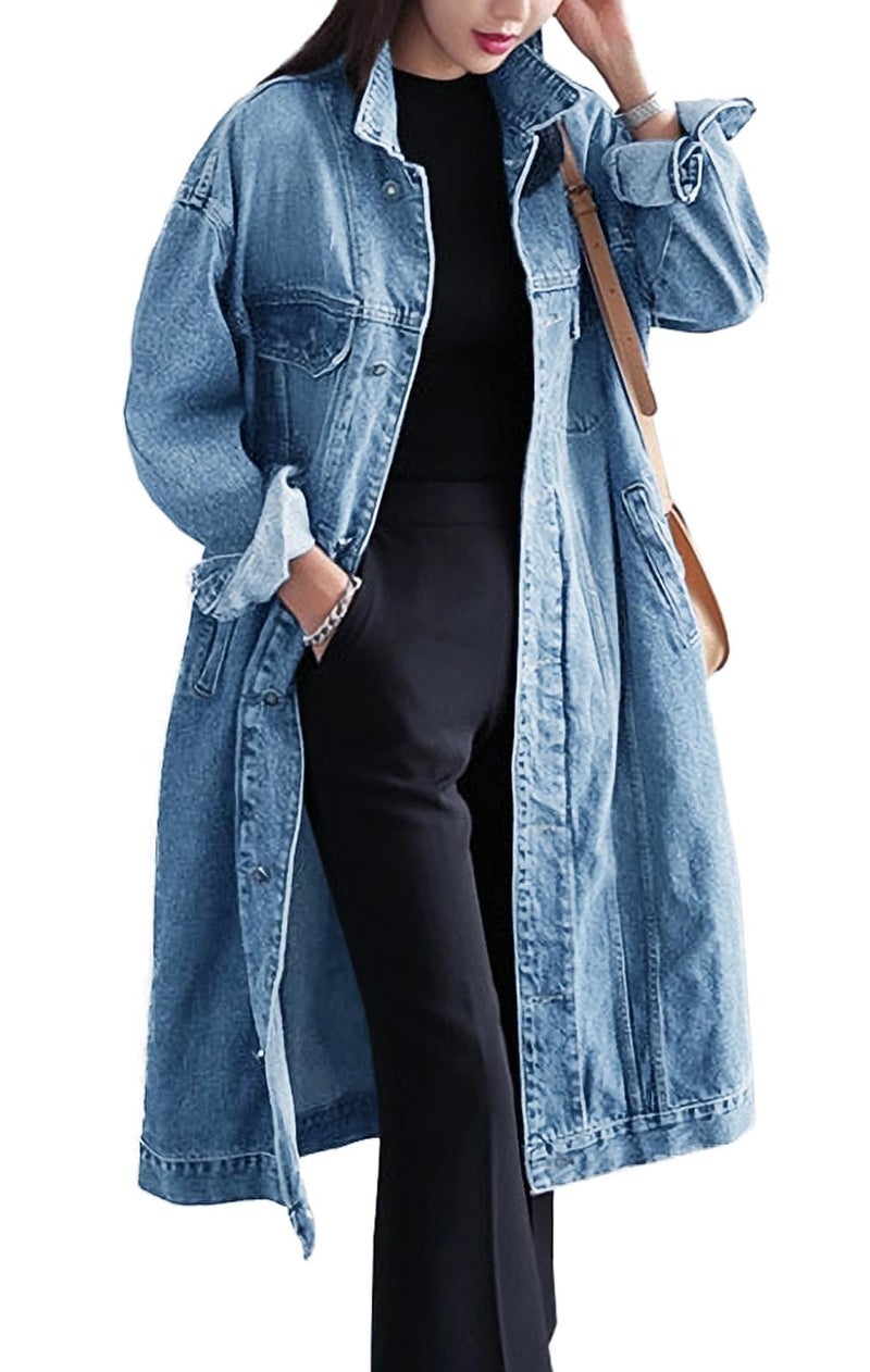 Jofemuho Womens Classic Jean Jacket Plus Size Loose Long Sleeve Button Down Denim Trench Coat Light Blue1 2XL - Image 1
